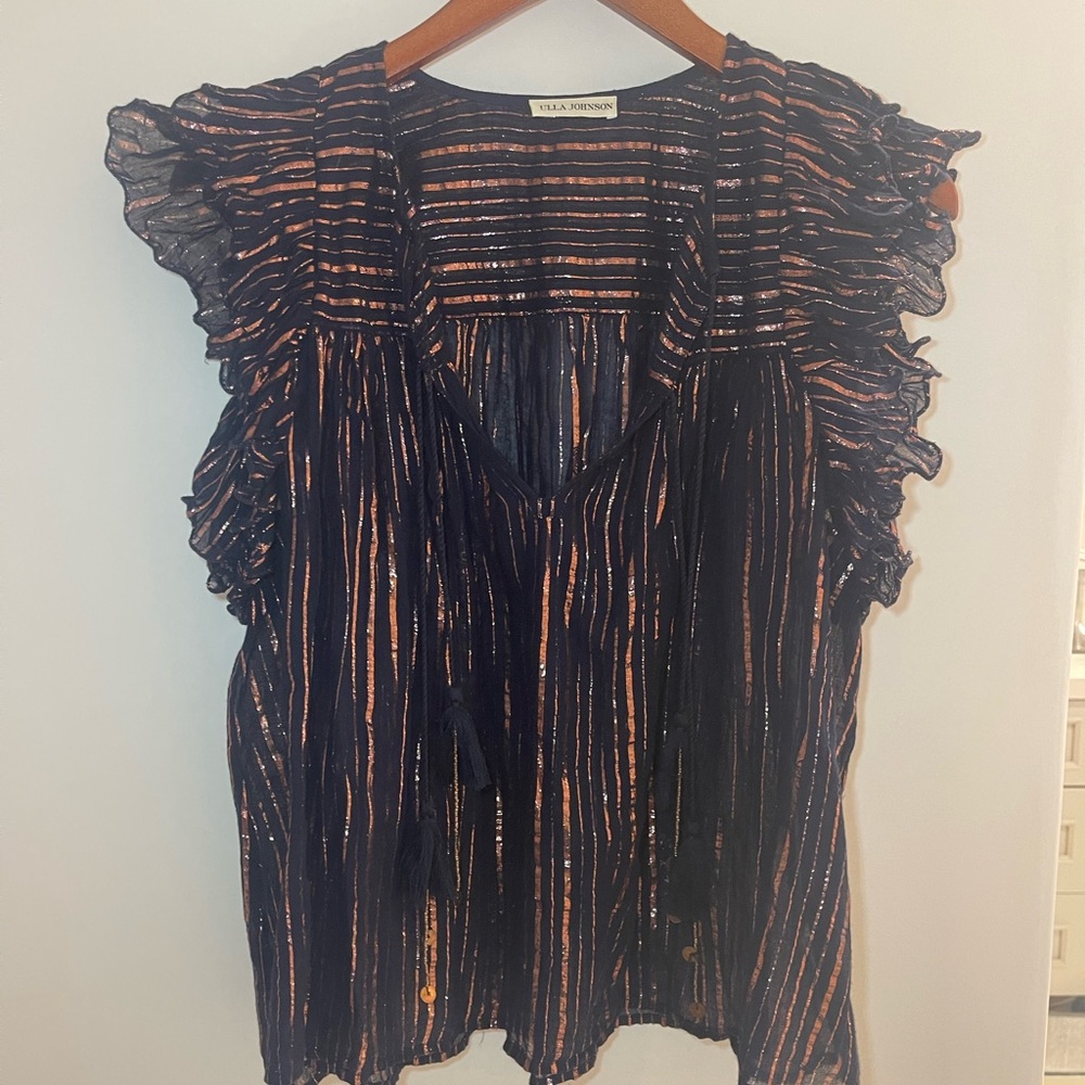 Ulla Johnson Black Blouse with Metallic Copper Stripes
